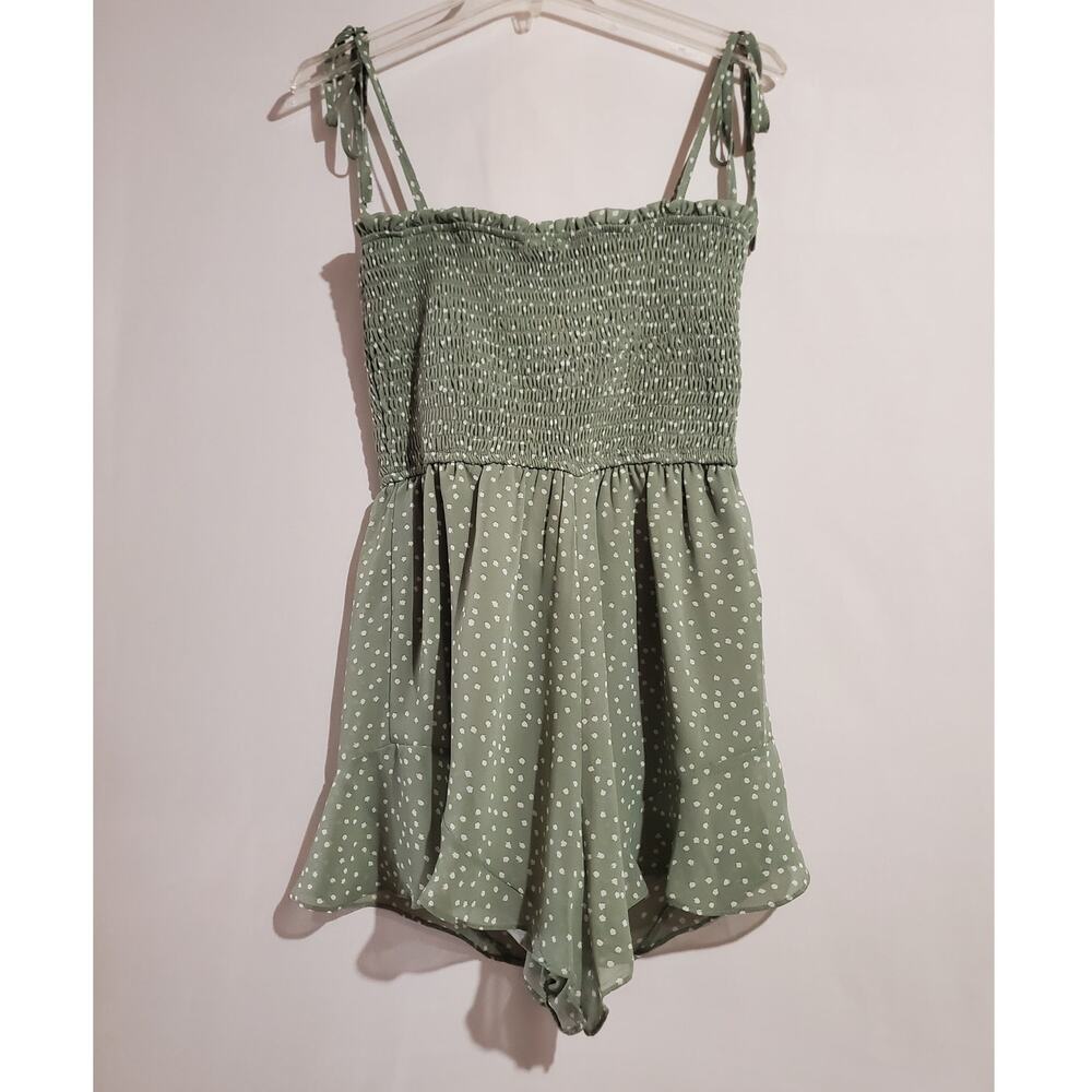 She + Sky NWT Polka Dot Smocked Ruffle Tie Strap Romper M Sage Green Cottage - Picture 2 of 10